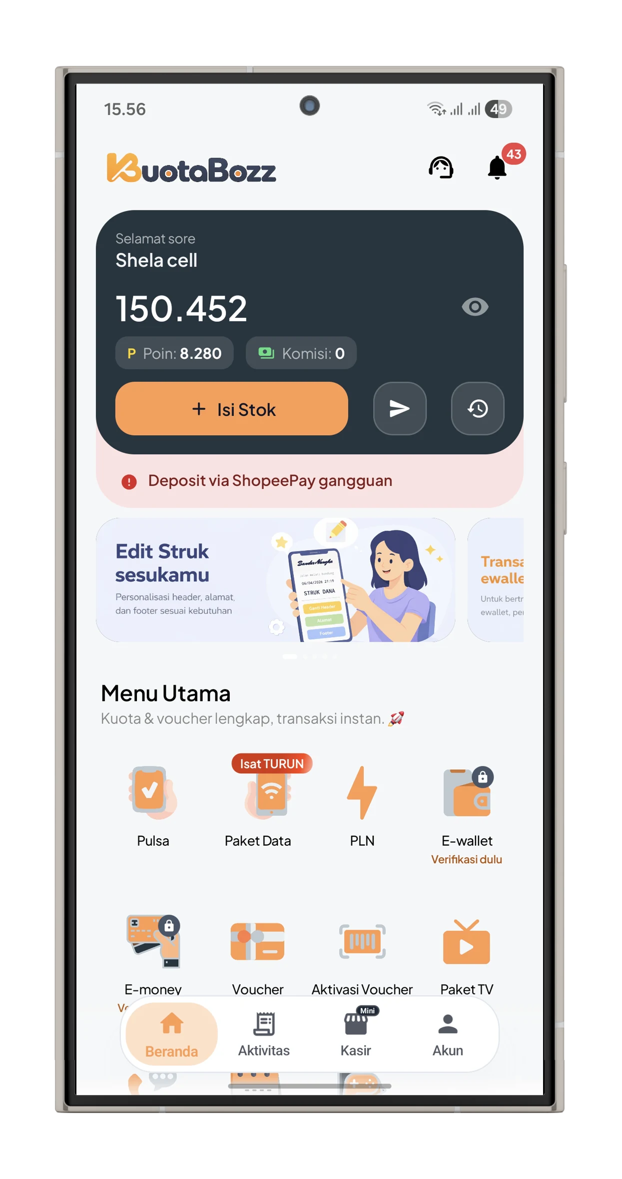Tampilan aplikasi KuotaBozz dengan saldo dan menu produk digital